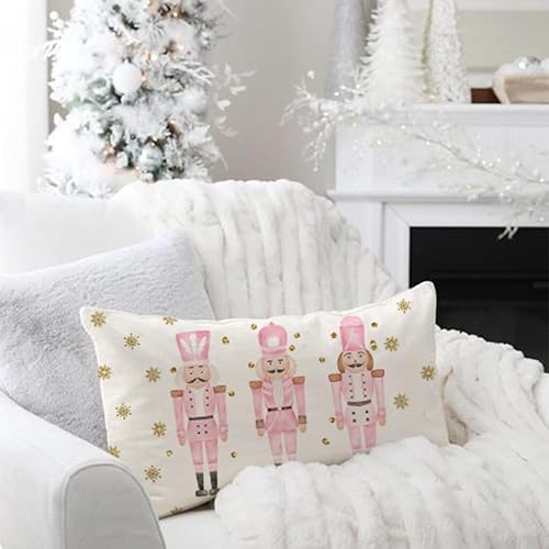 Miniatura 2 de PANDICORN Fundas de almohada navideñas de cascanueces rosadas de 12 x 20 pulgadas, modernas decoraciones navideñas de granja, almohadas lumbares,