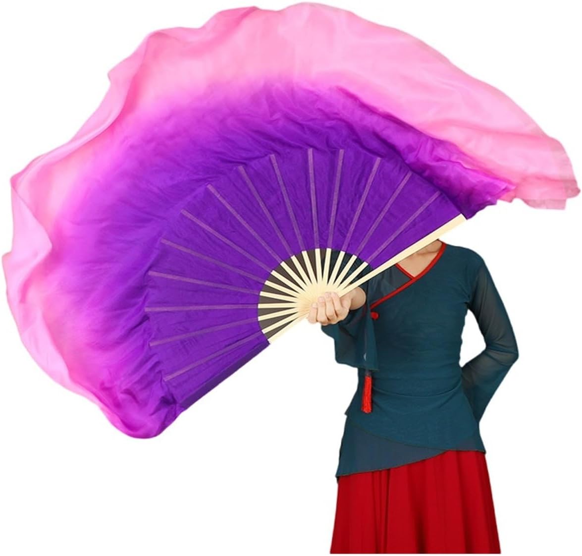 Women Short Silk Belly Dance Fan Veils 1 Pair Gradient Color Single Belly Dance Fans Flutter Short Silk Fans for Dancing
