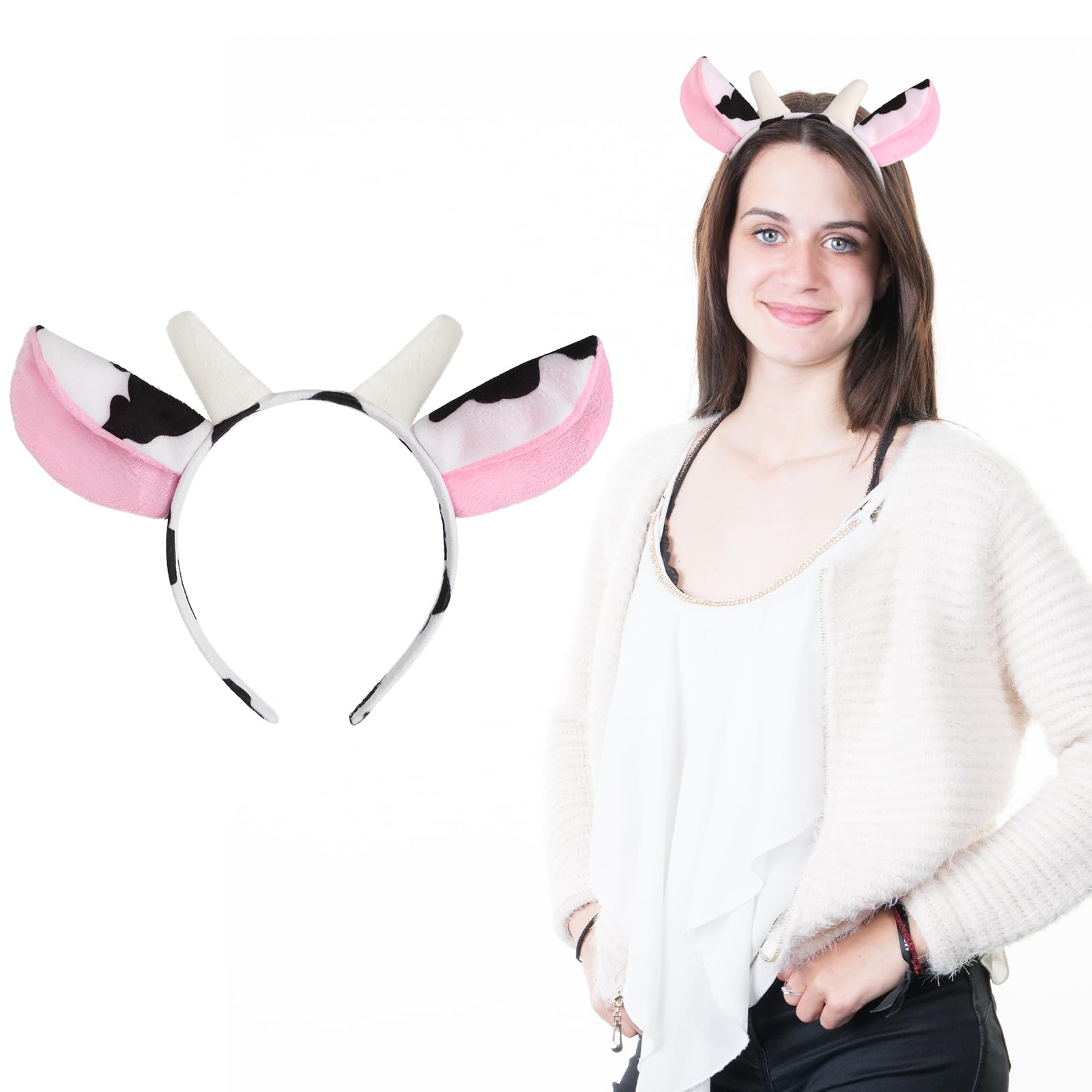 YUXIANLB Cute Cow Ears and Horns Headband, Realistic Plush Animal Ears and Horns Headband, Halloween Christmas Festival Theme Headwear, Elastic Hair Hoop and Accessory for Animal Party Cosplay Costume