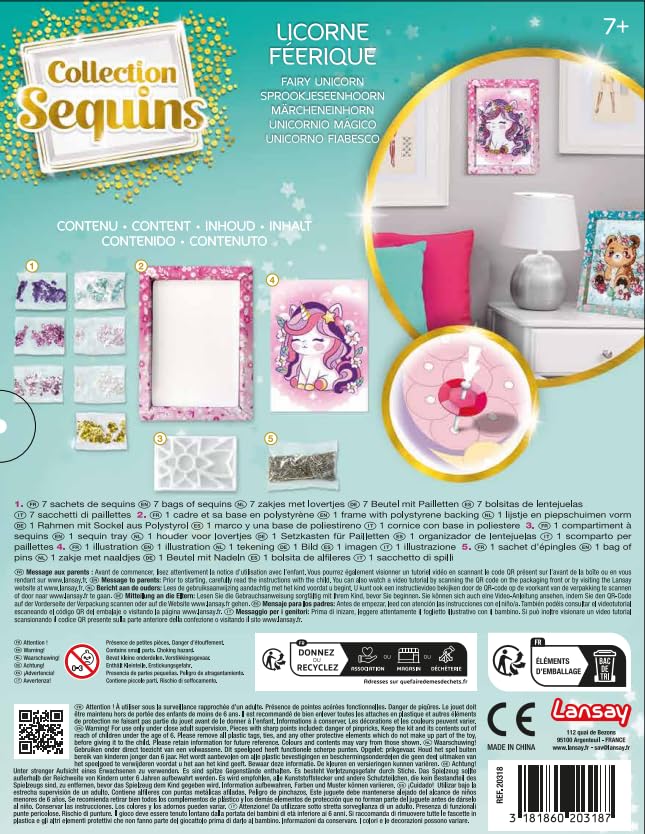Lansay Collection Sequins – Licorne – Tableau étincelant à Fixer Avec épingles Et Sequins, Cadre Inclus, Dès 7 Ans
