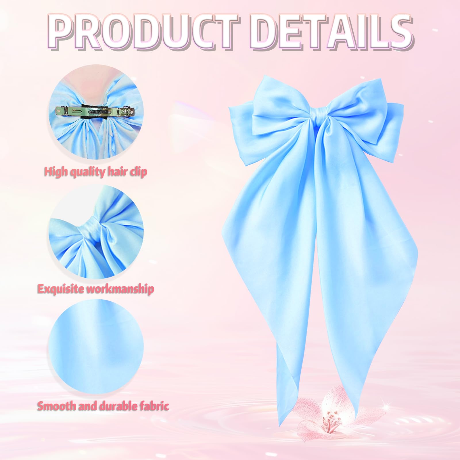 COLANANA 2 Pcs Big Hair Bow,White Blue Big Bows for Girls,Bowknot Hairpin French Hair Clips With Long Silky Satin Hair Barrettes Accessories Bow Hair Clips for Women Girl - Image 4