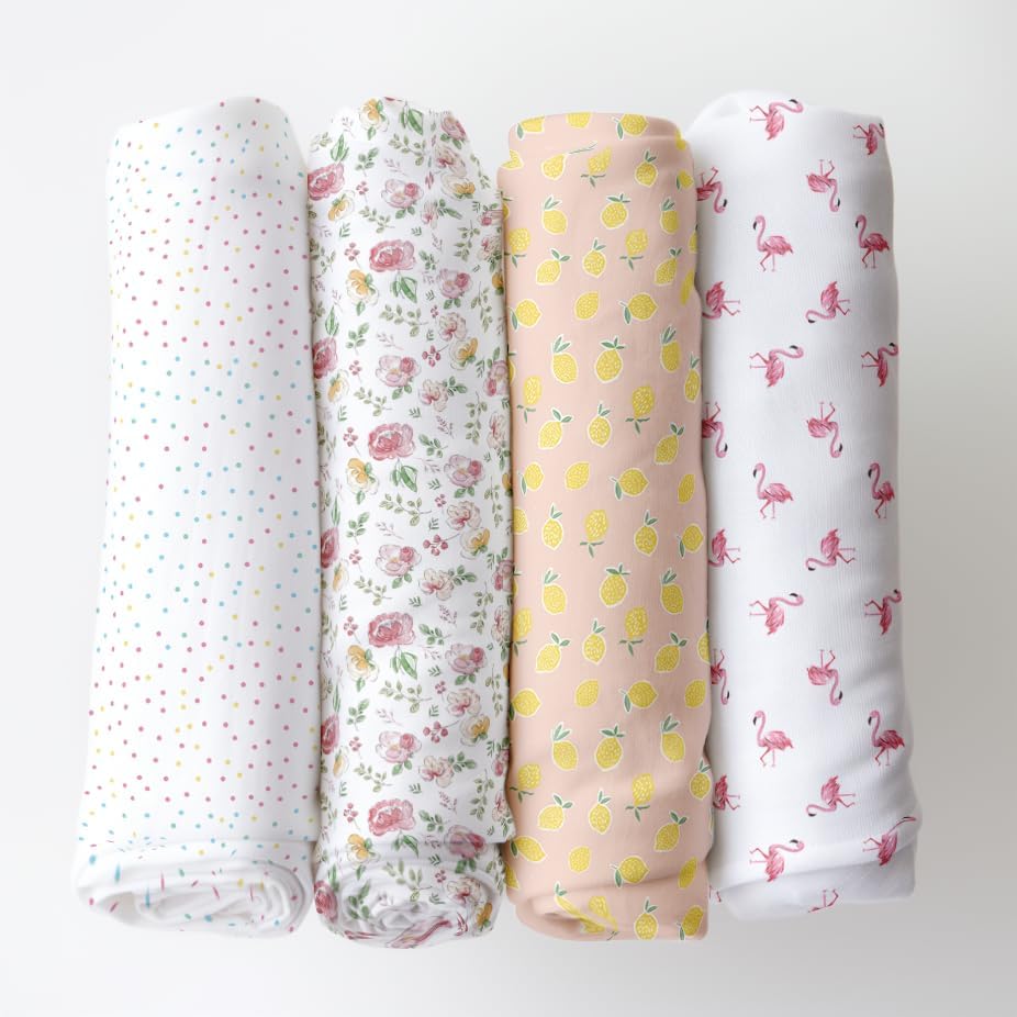 haus & kinder and Fin Fruity Collection 100% Cotton Soft Muslin Swaddles Wrap for Newborn Baby, Size 100 cm by 100 cm - Pack of 4 (Flamingo, Lemon, Happy Bloom, Dots)