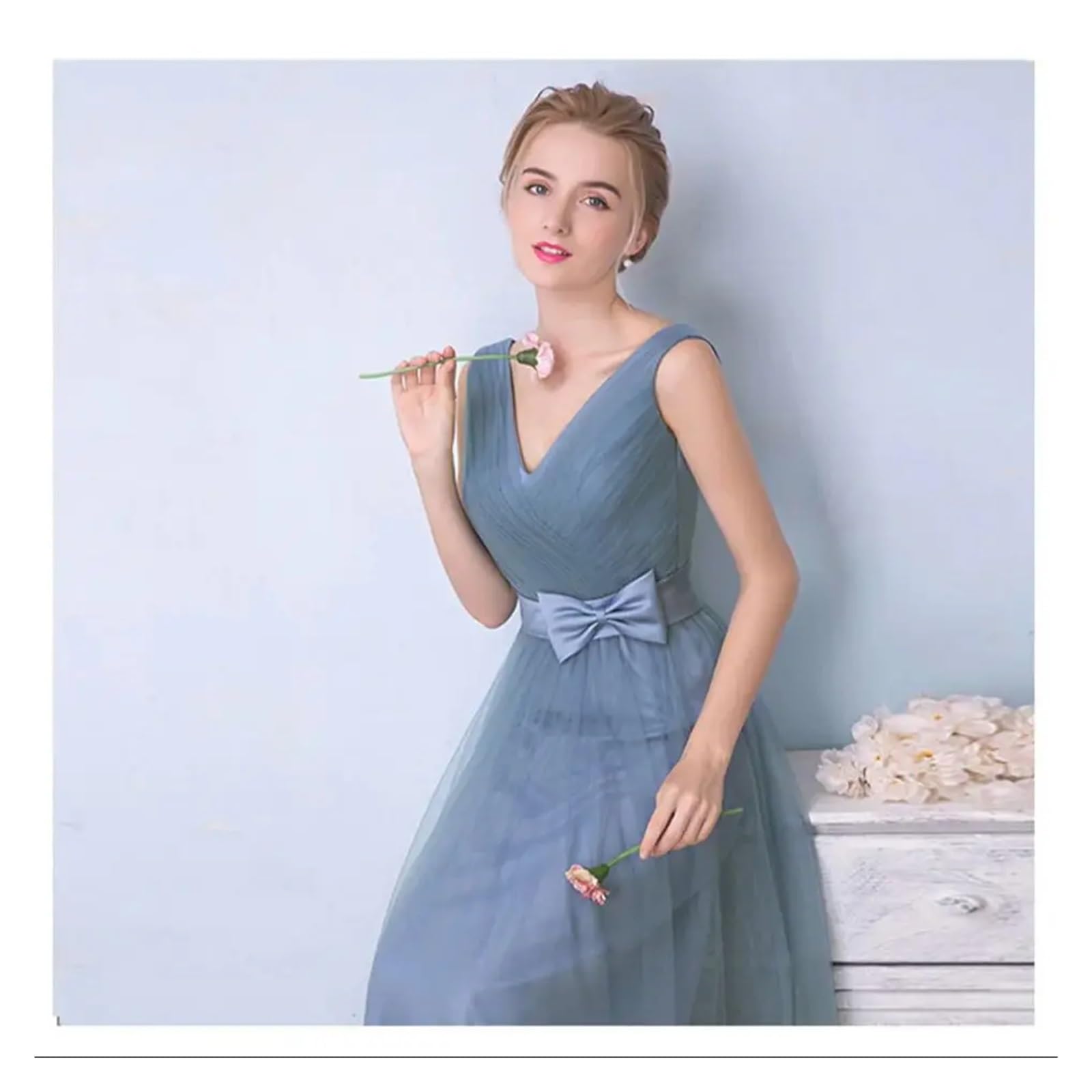 VFIDPSU Robes Demoiselle d'honneur Robe de Demoiselle d'honneur élégante Simple, Gris Bleu, 4 Styles, sans Manches, Classique, en Tulle, Ceinture en Satin, nœud à Lacets, Ligne a(Grey Blue D,16)