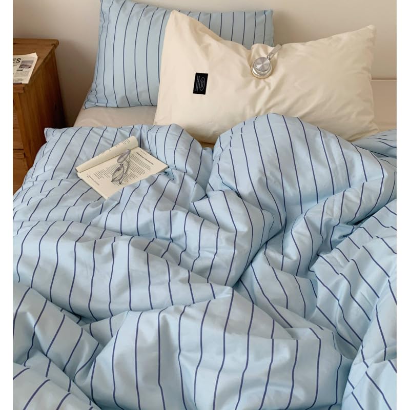 Image of Striped Duvet Cover Twin Blue Striped Beige Reversible Bedding Set