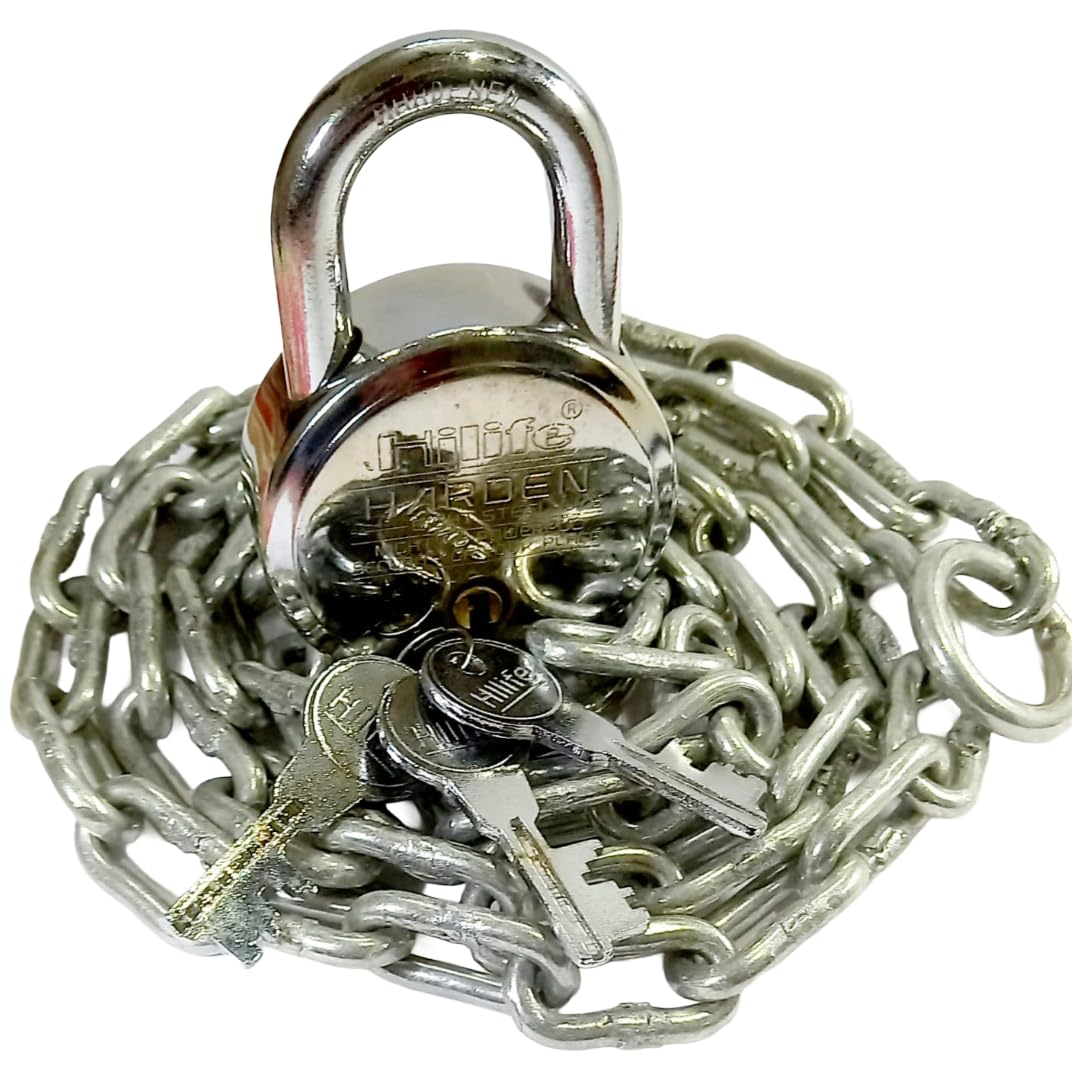 TEELLON® HiLife Harden-65 Round Padlock with 3 Feet (5mm) Heavy Duty Strong Metal Chain with Lock 8 Steel Levers, Double Locking Lock with 3 Keys for Home Main Door, Channel Gate Shutters/Godowns — Amazon image 2
