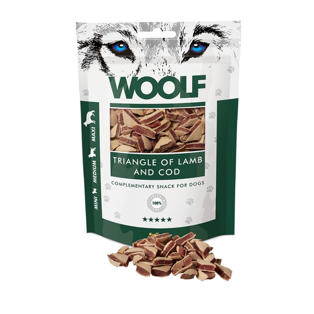 WOOLF Lamb and Cod Triangles - Complementary Snacks for Dogs. Dog Treats with All-Natural Ingredients, High Meat Content, Free from Artificial Additives. Suitable for Dogs (100g)