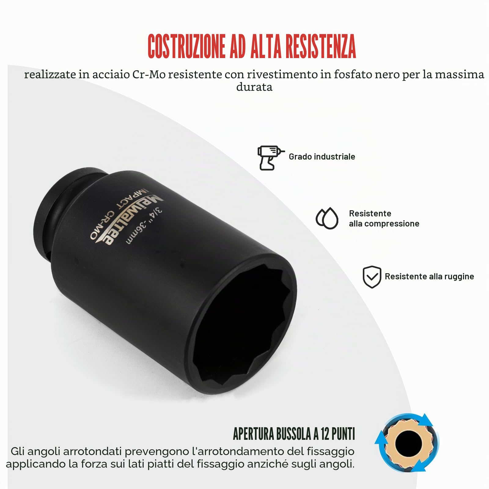 3/4" Set di Bussole a Impatto | 90MM Profondo | Assortimento Jumbo da 10 pezzi Dado a impatto profondo Misure metriche 22-50 mm | Design a 12 punte | Custodia in metallo | Acciaio Cr-Mo