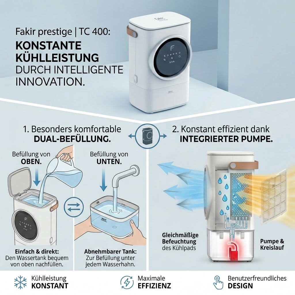 Fakir prestige TC 400 Mobiler Luftkühler kabellos - Air Cooler mit Li-Ionen-Akku, Verdunstungskühlung, Auto-Trocknungsfunktion, 4 Stufen, 24 dB(A), Dual-Befüllung, Farbe: Off-White