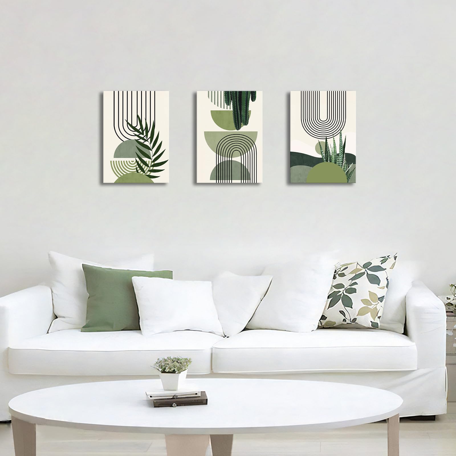 3 Pcs Wooden Framed Canvas Wall Art Set Bohemian Sage Green Canvas Prints Poster Geometric Line Beige Green Pictures for Living Room Bedroom Dinning Room Hallway Stairs Wall Decor 30x40cm x3pcs — view 426
