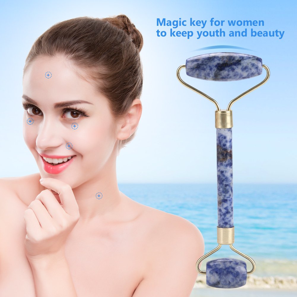 Rouleau de beauté à double tête - Outil de massage du cou yeux de jade pour le visage(Bleu)