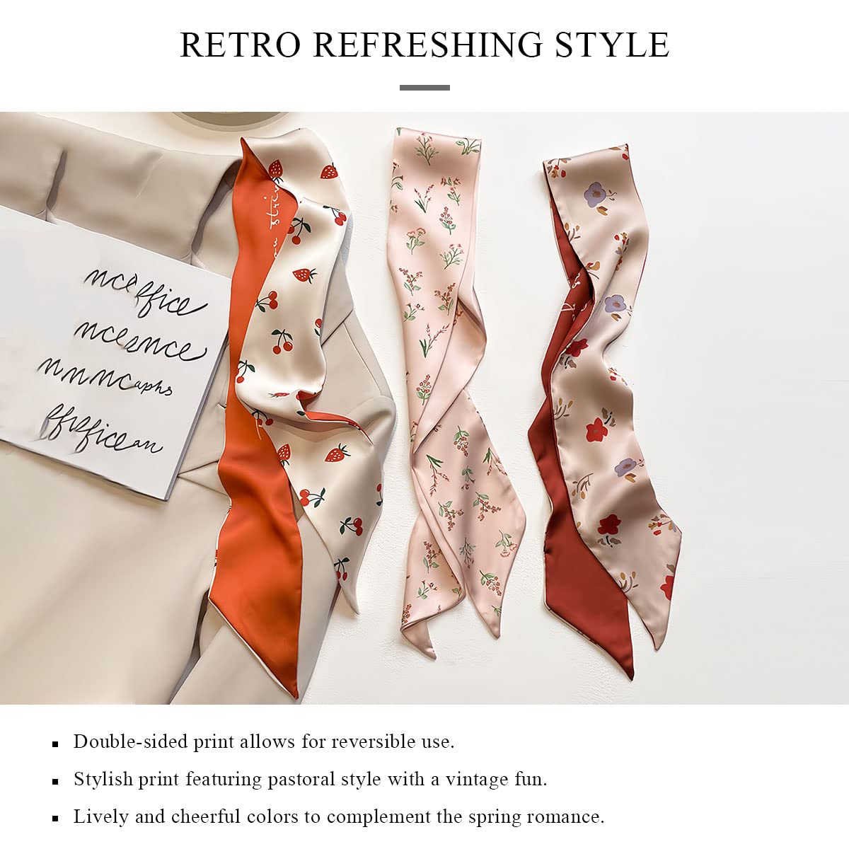 LumiSyne 3 Pezzi Sciarpa Di Seta Stretta Donna Ragazze Lungo Sottile Fazzoletto Da Collo Retro Fresco Stampa Floreale Motivo a Pois Scacchiera Nastro Sciarpa In Raso Copricapo Fascia Per Capelli