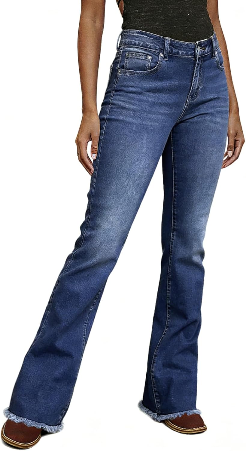 Flamingals Mid Waist Boot Cut Jeans for Women Stretchy Trendy Butt Lifting Flare Wash V Cut Raw Hem Denim Jeans