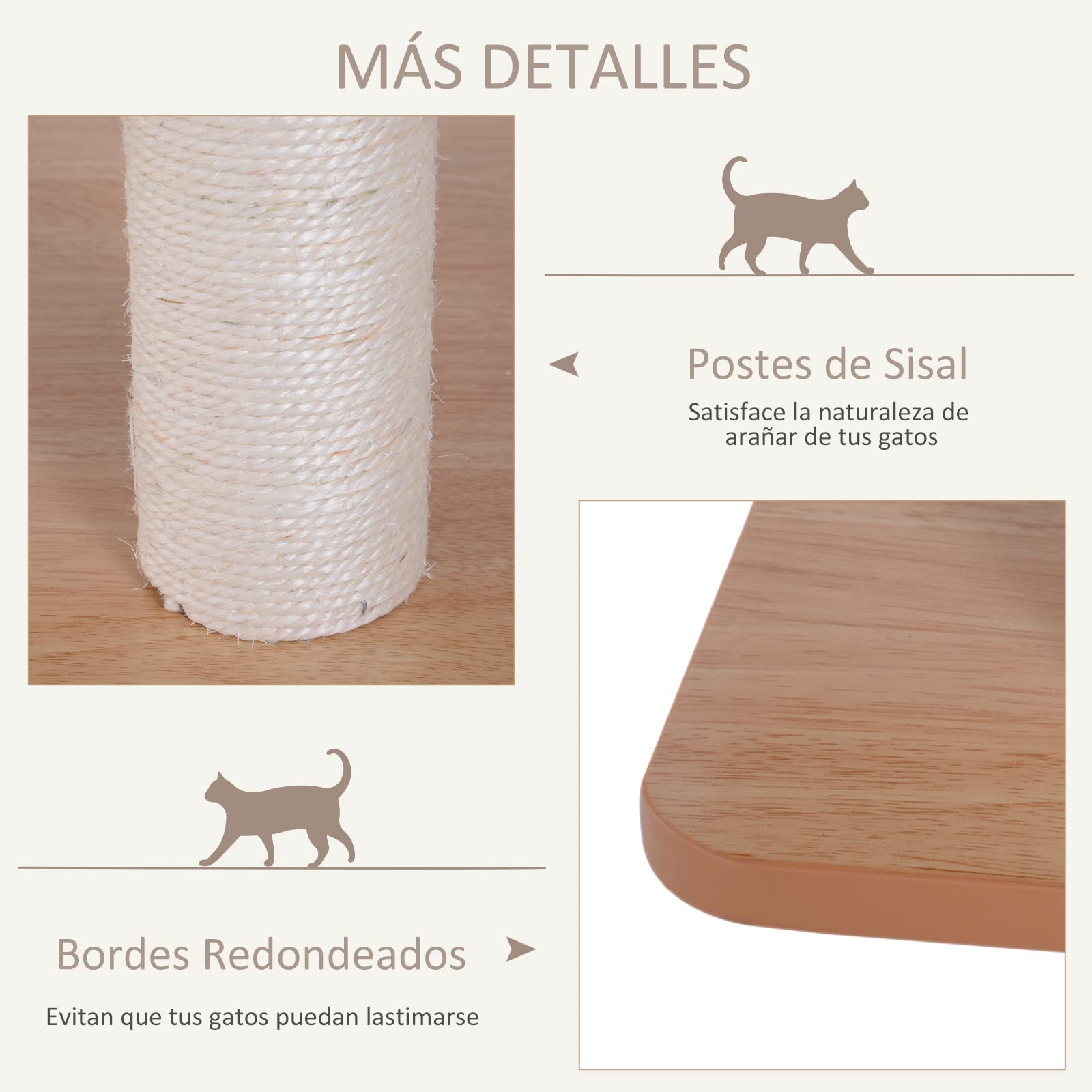 PawHut Árbol Rascador para Gatos Torre de Gato 71,5x49,5x120 cm Natural | de Madera, con Cueva, Plataformas, Postes Rascadores de Sisal, Cojines de Felpa Suave, Bolas Colgantes