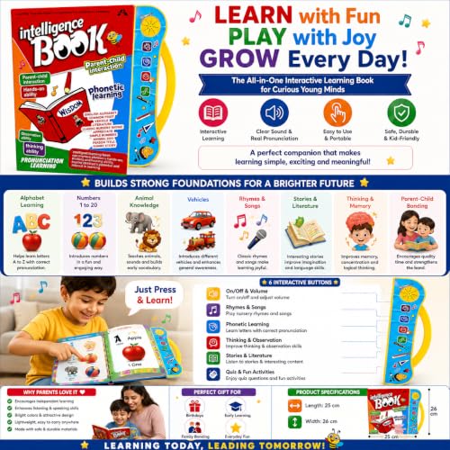 Image of Intelligence Book Interactive Learning Toy for Kids | Phonetic Learning, Parent-Child Interaction, English Alphabet & Numbers, Nursery Rhymes Included, Ages 3+