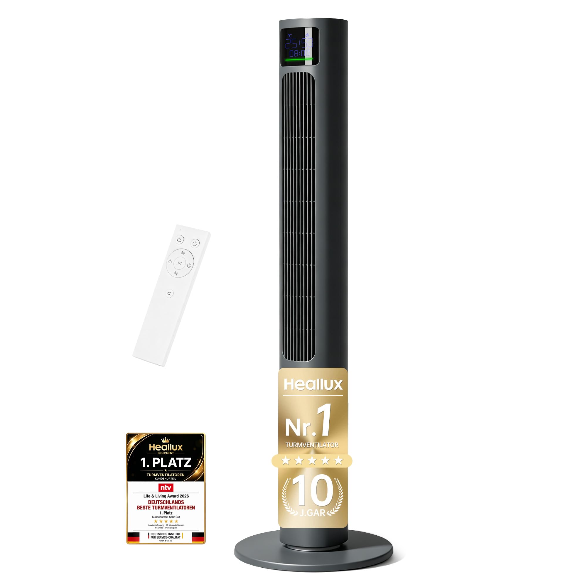 HEALLUX Wentylator kolumnowy 115 cm, szary, cichy wentylator stojący z pilotem zdalnego sterowania, zasięg wyrzutu 10 m, 4 stopnie i 4 tryby, kąt obrotu 90°, timer 12 h, energooszczędny, do salonu