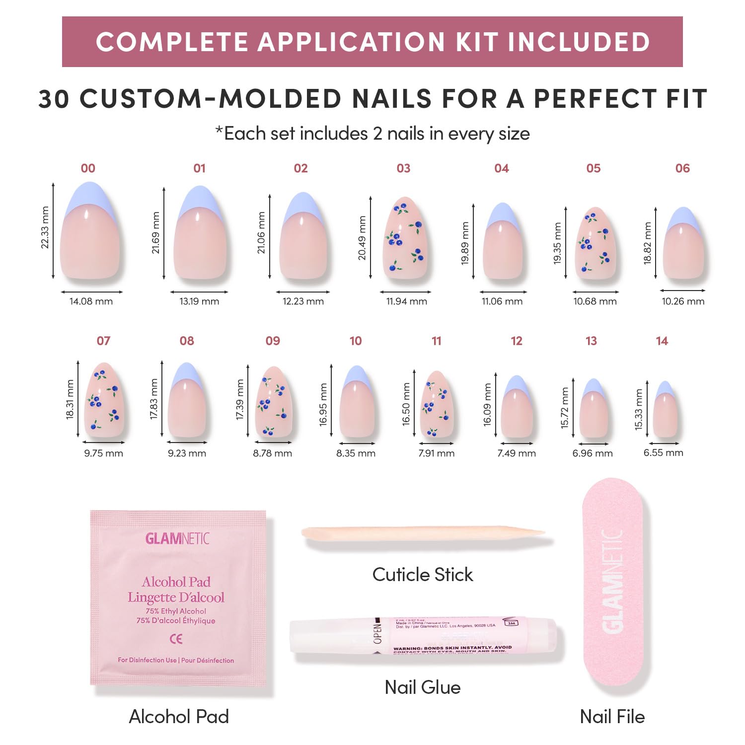 Glamnetic Press On Nails - Bluebelle | Short Almond Fake Nails with Pale Blue French Tips & 3D Blueberry Accents on Semi-Sheer Base, Glossy Finish, Salon Quality | 15 Sizes - 30 Nail Kit with Glue - 5