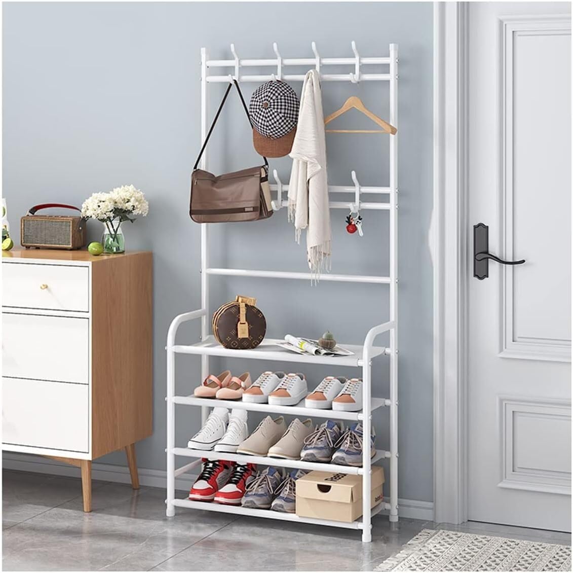 Porte-manteau avec étagère à chaussures compact meuble d'entrée blanc 80cm