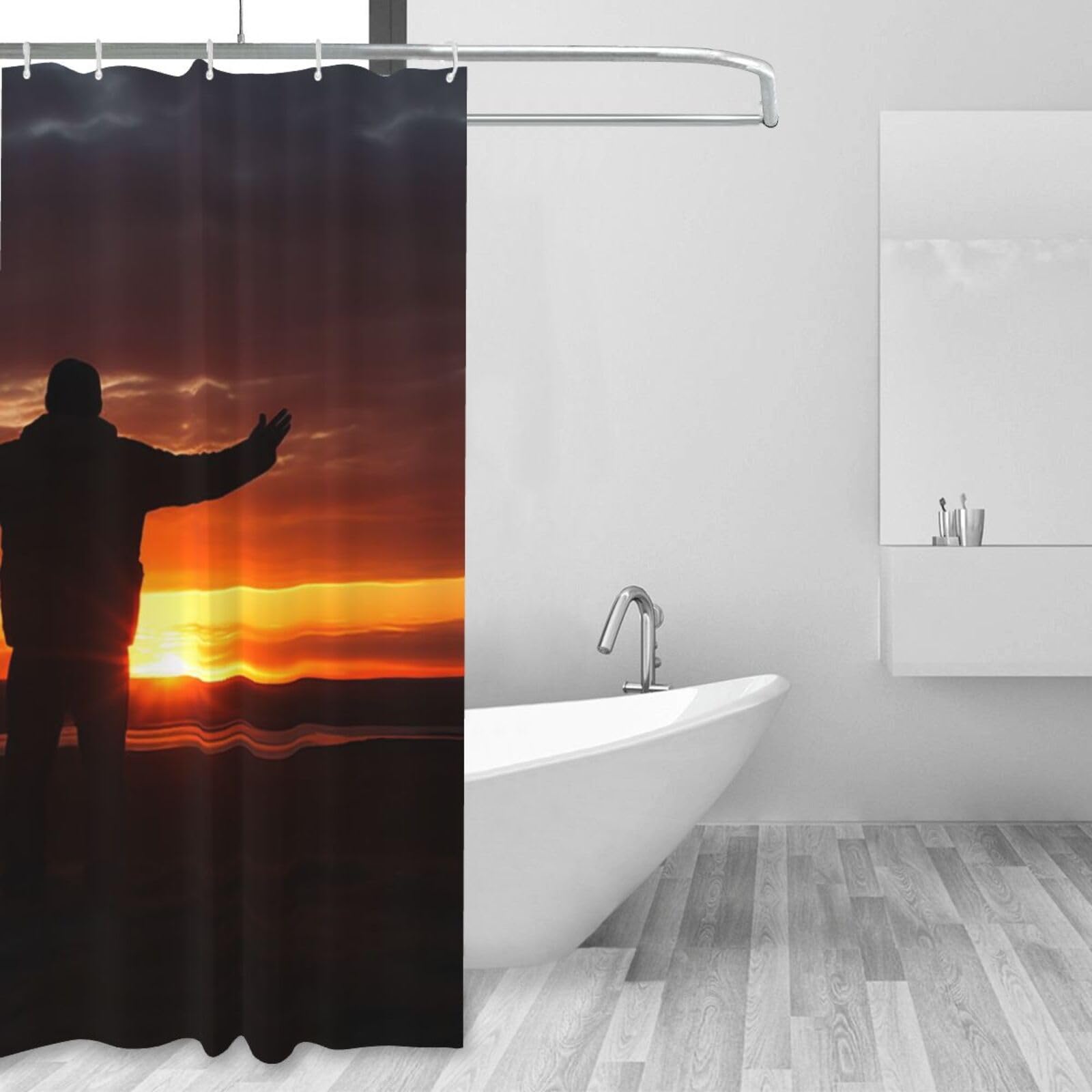 Rideau de douche en tissu avec motif horizon soleil levant pour une décoration de bain zen
