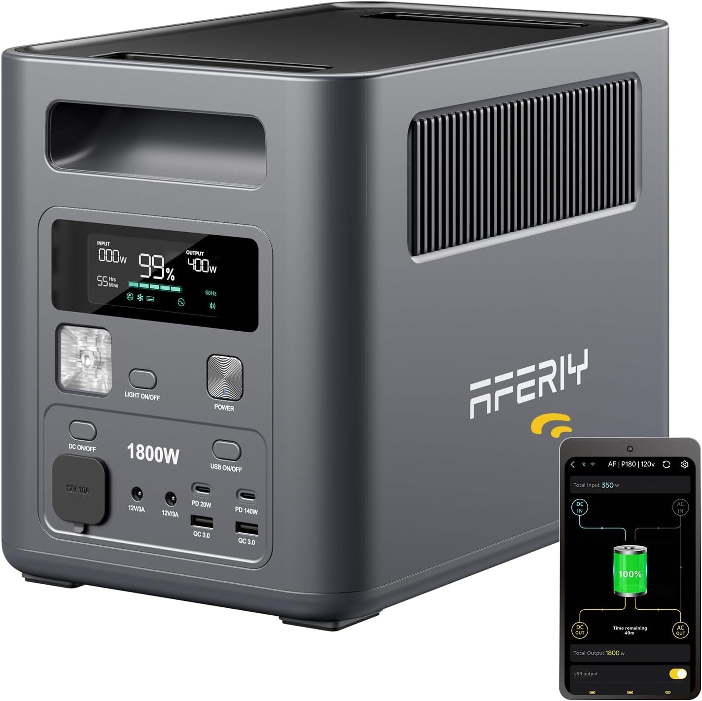AFERIY P180 Generatore Elettrico Portatile 1024Wh & 1800W (3600W Pic), Ricarica Rapida 0-90% in 60 Min, Batteria Nomade LiFePO4 con UPS, BMS, Stazione Elettrica Solare per Campeggio, Casa, Ufficio