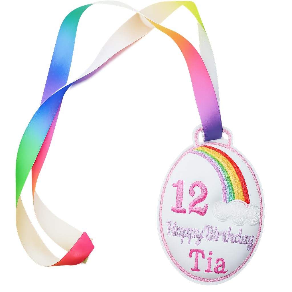 Personalised Birthday Medal for Girls – Custom Name & Age Rainbow Badge with Ribbon – Glitter Birthday Keepsake, Party Outfit & Gift