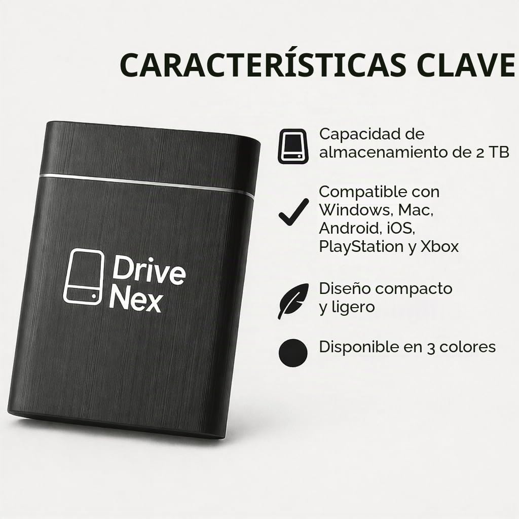 DriveNex SSD 2TB | Disco Duro Externo | 2 Terabytes | Compatible con todos los sistemas operativos | Almacenamiento de Datos | Disco Duro Externo Portátil | Plug & Play