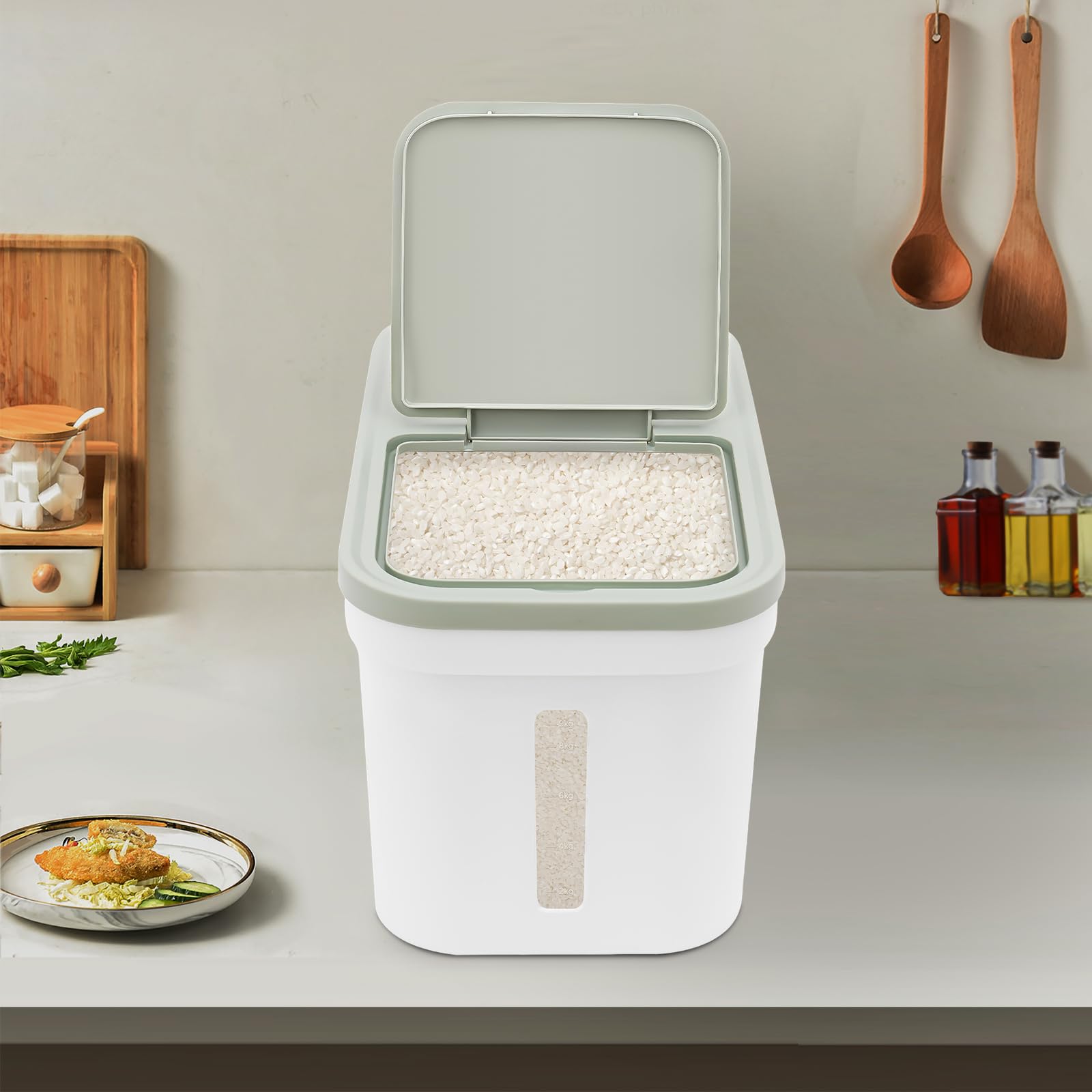Récipient à riz hermétique - Capacité de 10 kg - Pour aliments - En polypropylène - Grand récipient à riz avec fenêtre de visualisation et verre doseur - Récipient hermétique