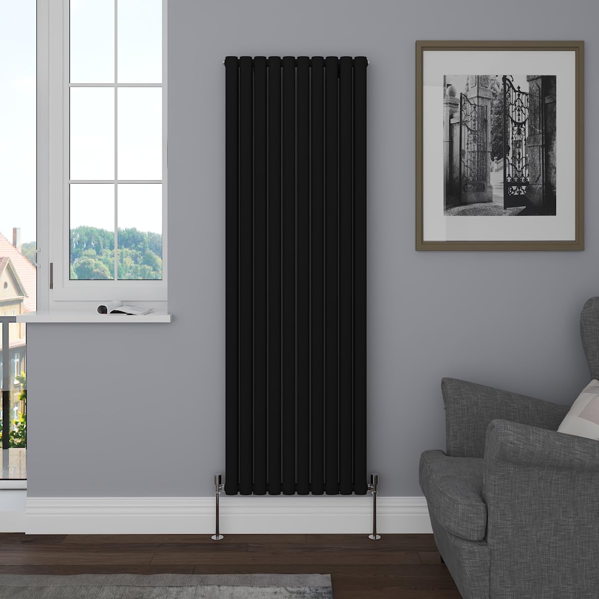 Nrg Black 1800 X 590Mm Vertical Double Oval Panel Radiator Designer