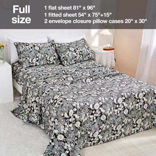 Image of JSD Black Paisley Floral Printed Full Sheet Set Extra Deep Pocket | 4 Piece Soft Microfiber Sheets, OEKO-TEX Certified, Easy Care