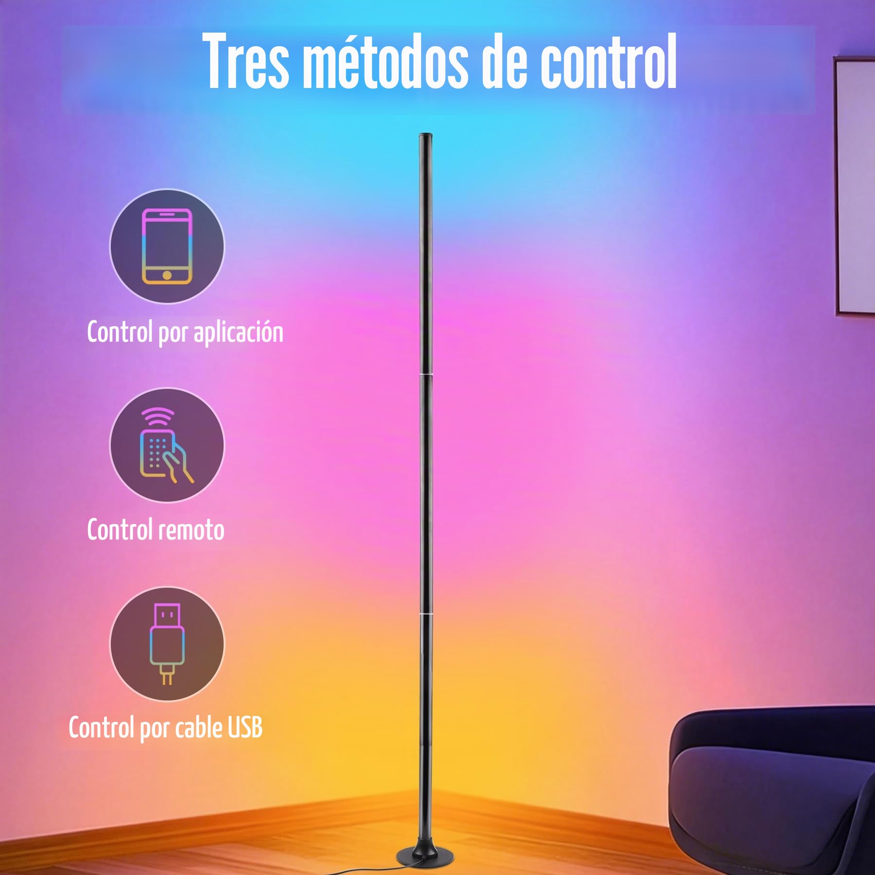 sylvwin - Lámpara de pie LED, lámpara de esquina LED RGB con control por aplicación y mando a distancia, sincronización musical, lámpara de pie RGB con mando a distancia, 16 millones de colores, sala
