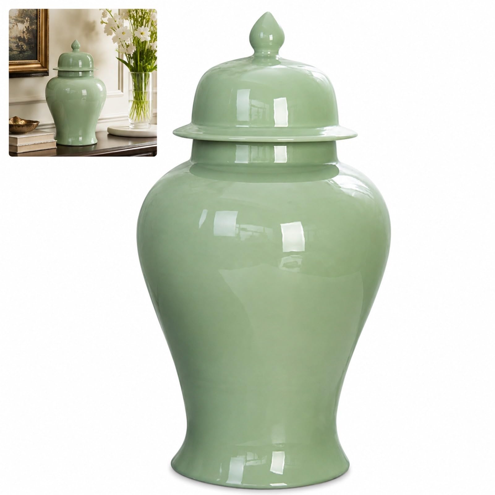 Ginger Jar Chinese Decorative Ceramic With Lid Porcelain Large Temple Jars Cans (green,21.5 * 40cm)