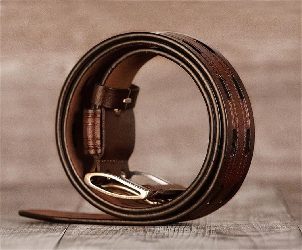 Men's Leather Belt - 3.8 cm Split Cowhide with Double Needle Buckle, Vintage Cowboy Style