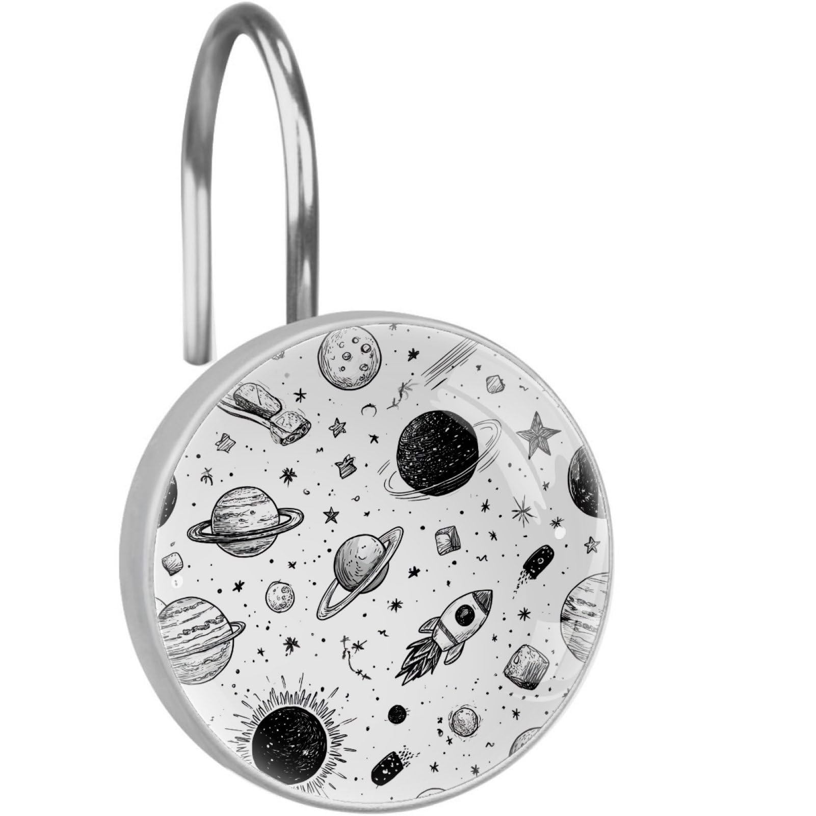 VAPOKF Decorative Shower Curtain Hook, Sketch Planet Rocket Rustproof Stainless Steel Shower Curtain Hook for Bathroom, Shower Curtain Hangers for Shower Rod
