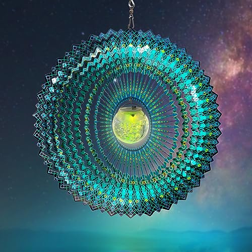 FONMY Solar Wind Spinner Mandala Starry Sky 3D Stainless Steel Hanging Wind Spinners Gift Christmas Decoration Indoor/Outdoor Garden Décor Kinetic Yard Art 12 Inches Multi Peacock Blue Wind Sculpture