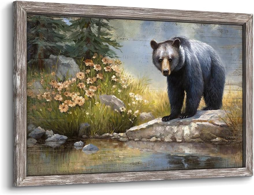 Bear Prints Wooden Wall Art: Wildlife Grizzly Picture Framed Artwork Rustic Woodland Wild Animal Painting for Living Room