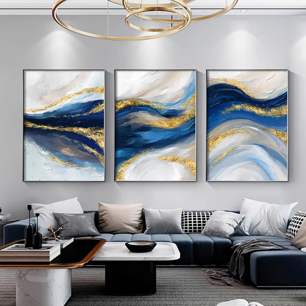 DFZEWKI frameless Golden Blue Abstract Ocean Canvas Painting Modern Artwork Luxury Poster and Print Wall Art Picture(70x100cm(28x39in) x3/No frame)