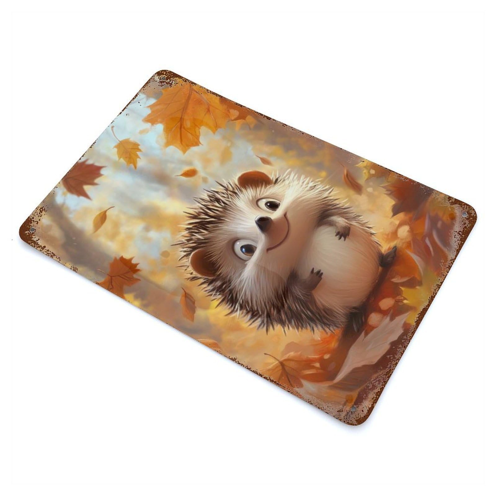 Smiling Hedgehog in Autumn Rusty Metal Tin Sign 11.8"x7.9", Ideal for Patio, Garden Room And Bar Decor