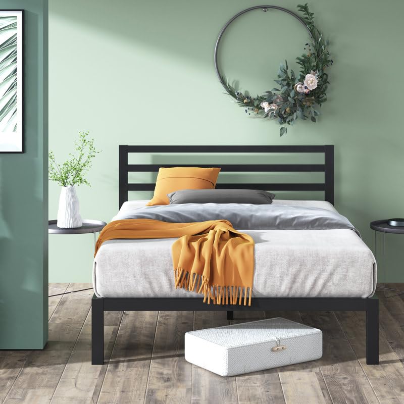 Image of Metal Bed Frame (or Minimalist Platform Bed with Slatted Headboard) Matte Black Metal Frame with Horizontal Slatted Headboard