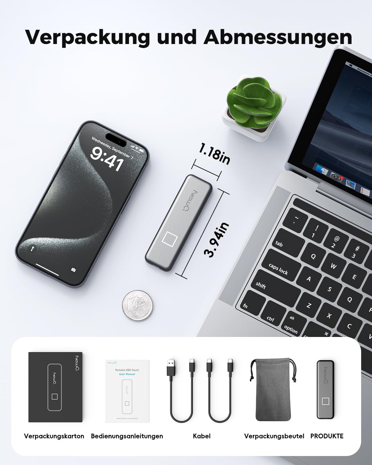 NEWQ 512 GB Externe SSD mit Fingerabdruck – Sichere Backups & Verschlüsselung per App für USB-C iPhone 17/16/15, Android, iPad, Mac/Windows (Nicht kompatibel mit iPhone/iPad mit Lightning-Anschluss)