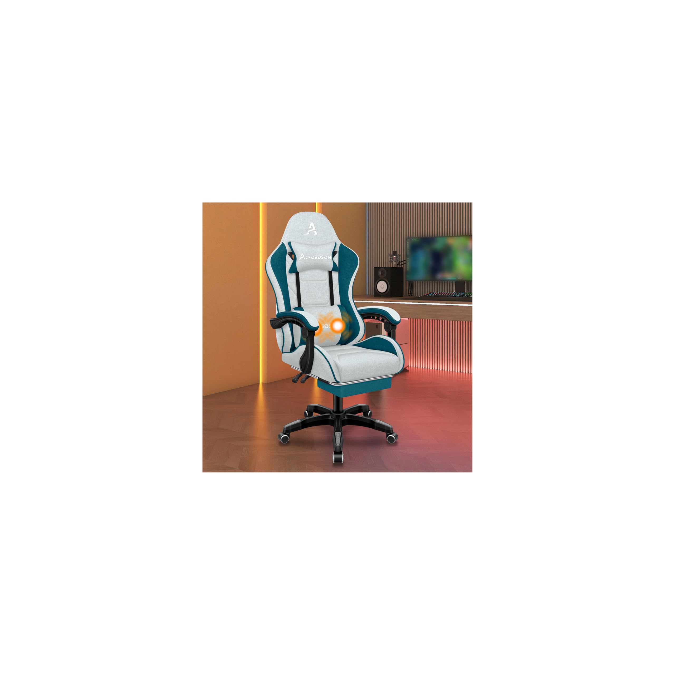 ALFORDSON Silla Gaming de Masaje, Silla de Oficina con reposapiés, Silla Gaming de Carreras, Capacidad de 180 kg, Respaldo Ajustable de 90-150°, Silla ergonómica para PC, Tela, Verde Azulado Oscuro