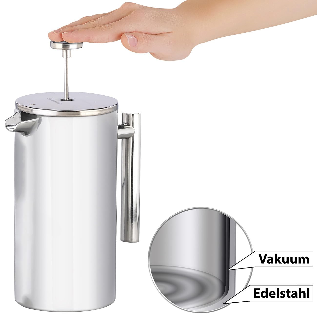 Rosenstein & Söhne Isolierkanne: French-Press, 1,5 Liter, doppelwandig, Edelstahl, Vakuum-Isolierung (French Press 1 5 l Thermo, Frenchpress, Tasse)