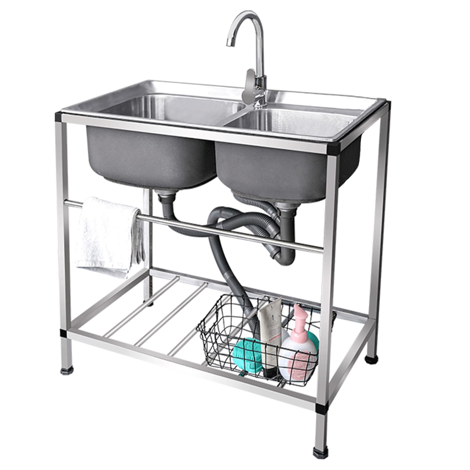 ZQFHSX Stainless Steel Utility Sink Commercial Kitchen with Drainage kit, Freestanding Double Bowl Hot and Cold Faucet, for Garage, Restaurant, Garden