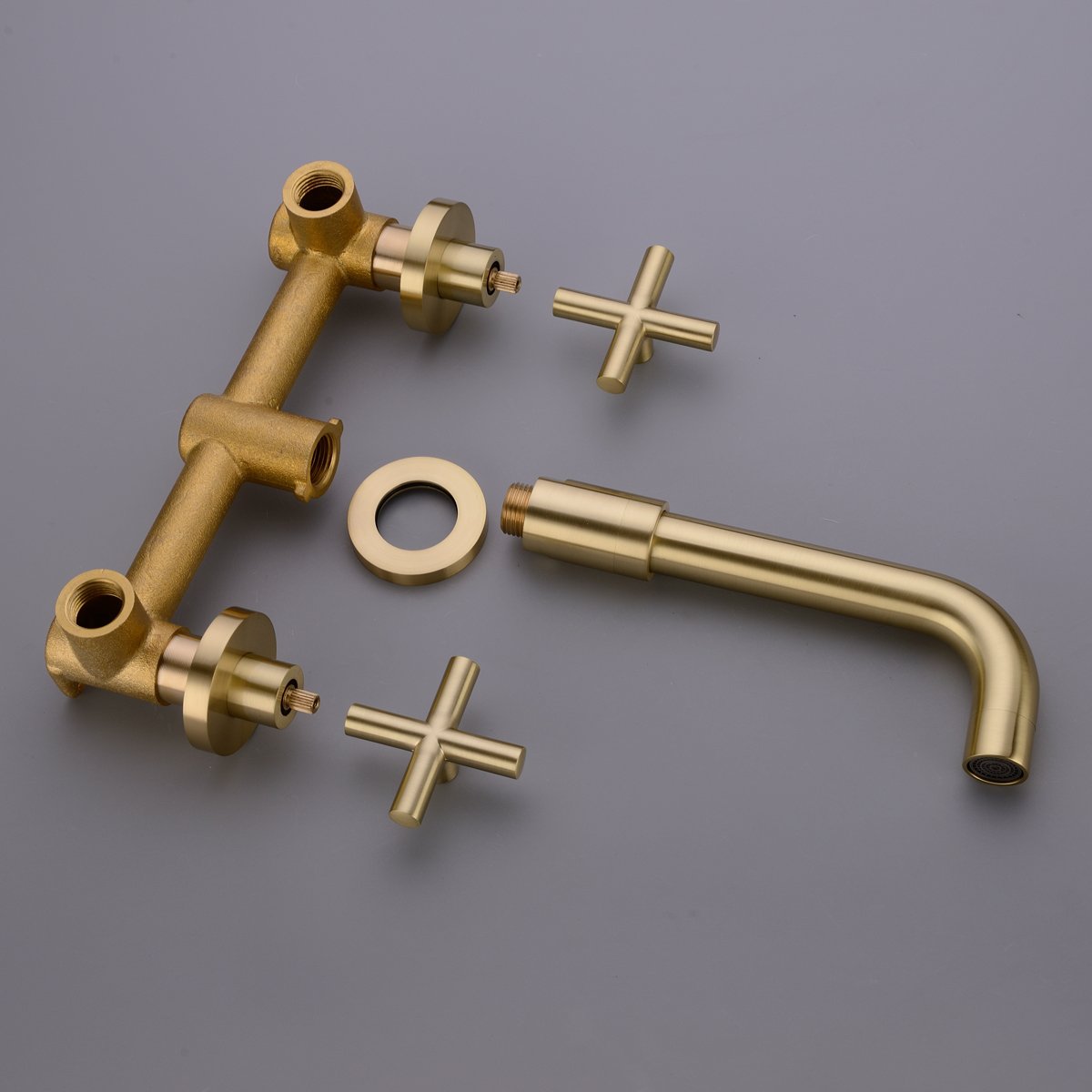 Grifo mezclador para lavabo TRUSTMI en oro cepillado, para montaje en pared, 2 manijas, grifo de baño de latón