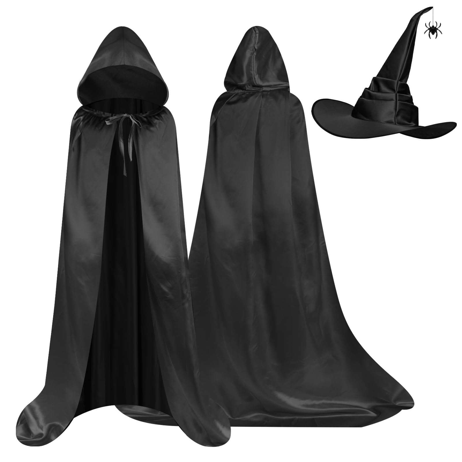 AUYAO Kostium czarownicy, damski kostium czarownicy, kompletny zestaw z peleryną z kapturem/kapeluszem pająka, peleryna na Halloween, kostium dla dorosłych, kobiet i mężczyzn, na Halloween, karnawał