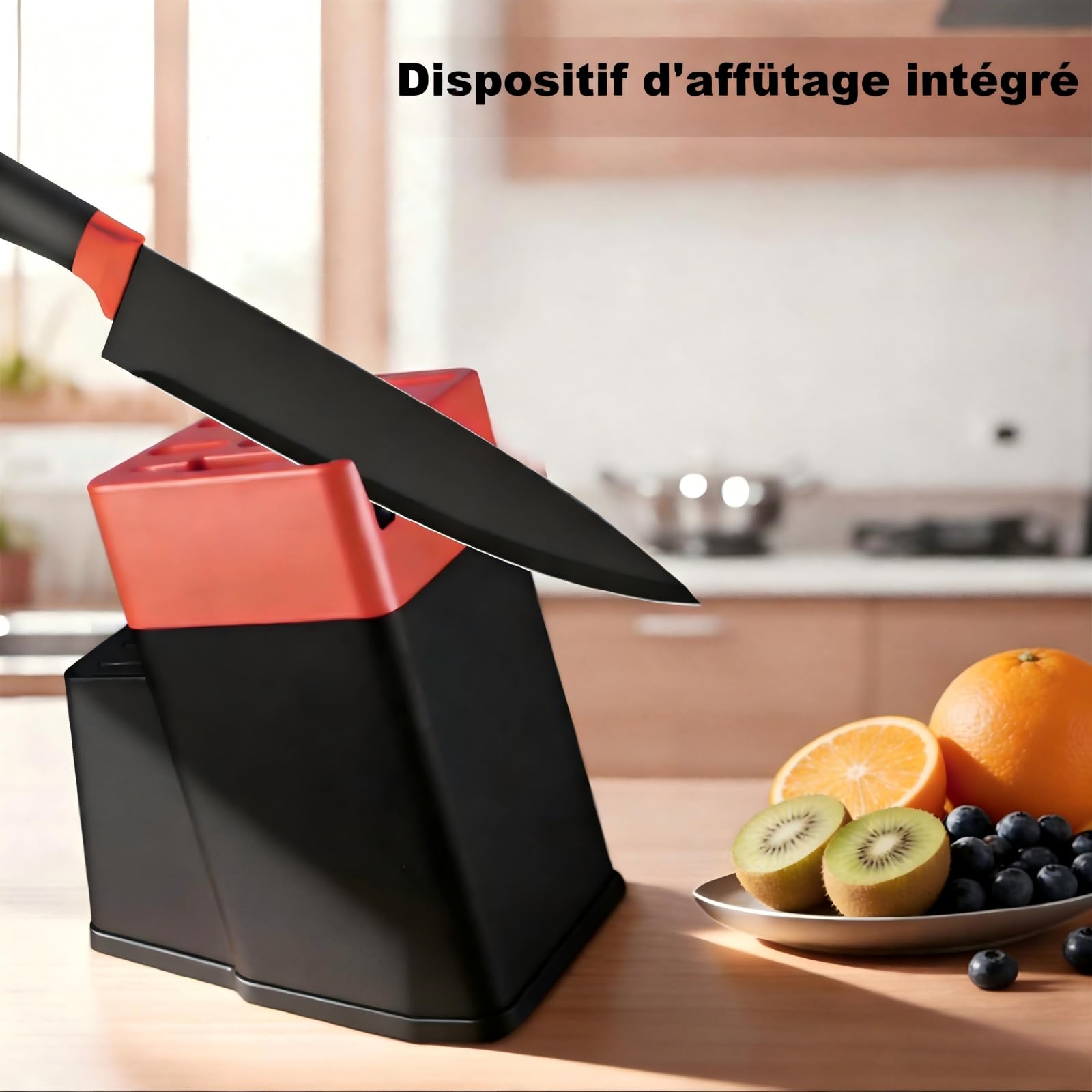 Couteau Cuisine, 14 pièces Couteaux de Cuisine avec Bloc, avec Aiguiseur Intégré, Set de Couteaux à Steak, X50CR15, Bloc Couteaux Cuisine avec à Pain, Couteau à Fruits et Ciseaux (Rouge)