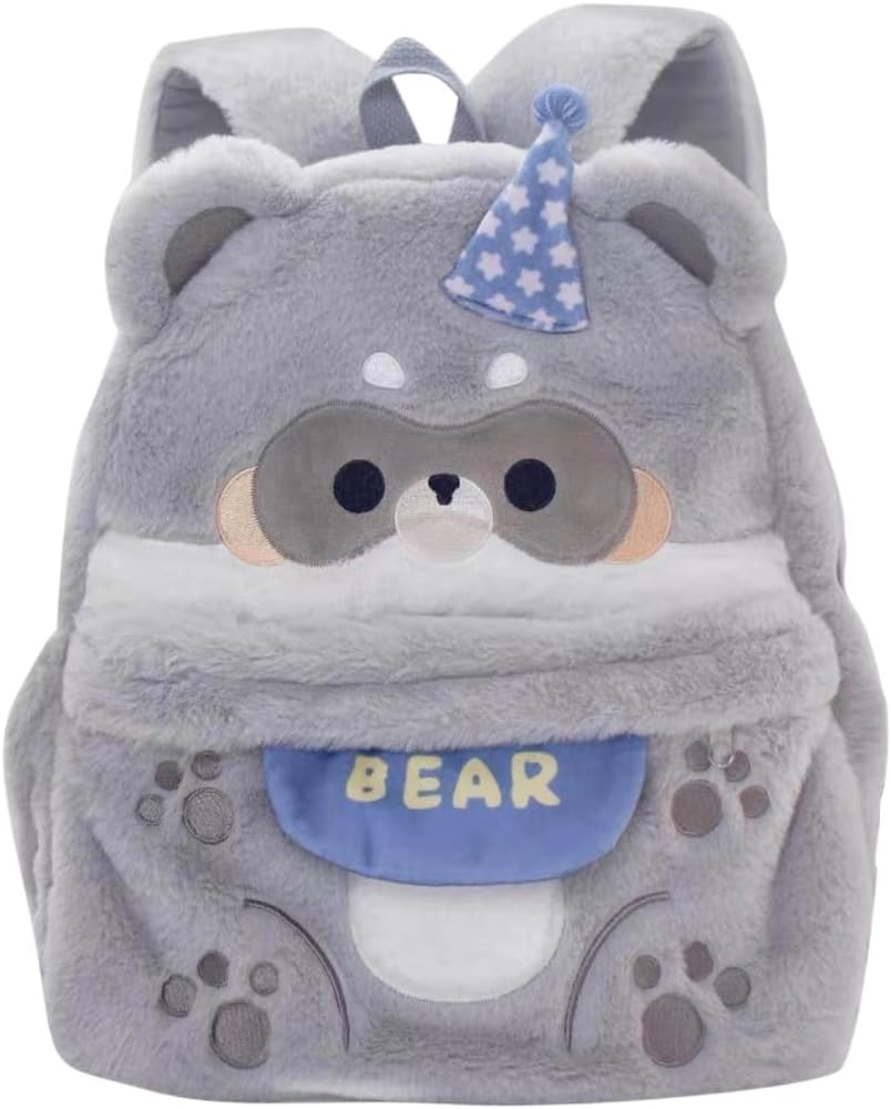 Cute Backpack for Teen Girl Plush Bear Kawaii Fluffy Backpack Travel Casual Backpack (Grey)