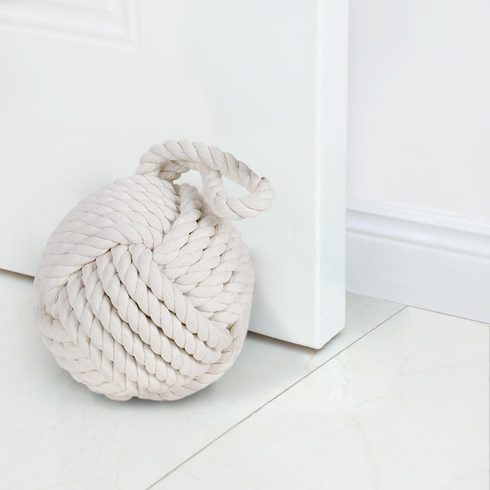 Marwood Rope Knot Door Stops Decorative Nautical Ball Door Stopper Handmade with Handle, Weighted Interior Spherical Doorstop Sailor Knot for Door and Window - Beige (6"x6", 4lbs) — image 1
