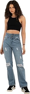 بنطلون جينز من استك للنساء بحزام خصر مزدوج مريح بقصة مستقيمة مع نقشات متعددة (عبوة من قطعة واحدة)