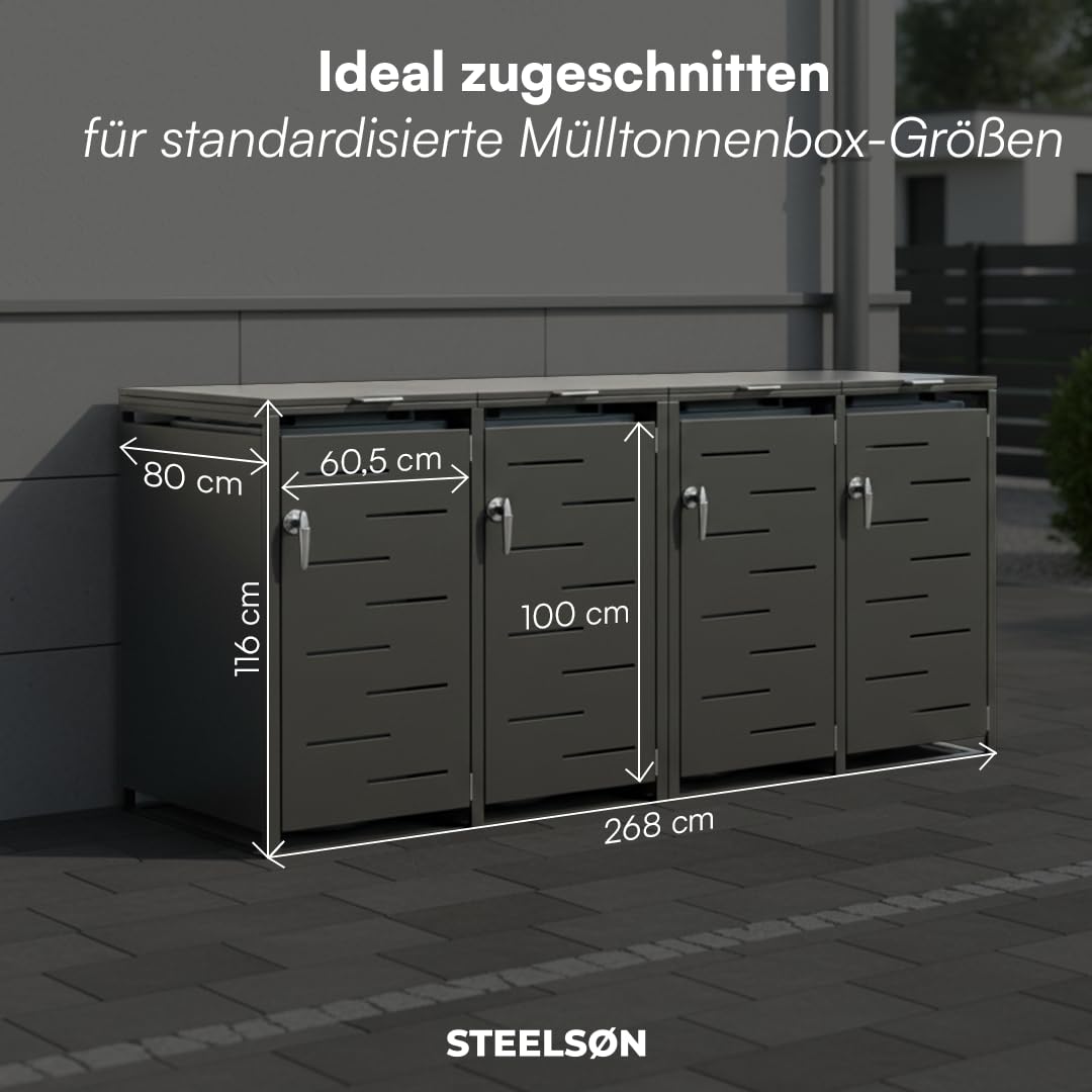 STEELSØN Diorus Mülltonnenbox 4er bis 240L abschließbar – Hochwertige Mülltonnenverkleidung für 4 Tonnen – Müllbox Stahl – Müllcontainer Schwarz - Mülltonnen Box wetterfest – Gerätebox mit Schloss