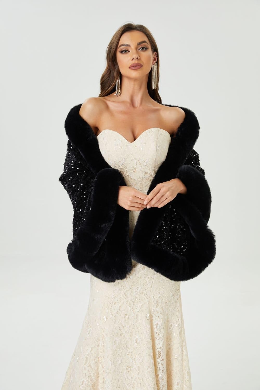 Datangep Women Fashion Sequins Faux Fur Wraps Shawls Stoles Cape for Prom Evening Party dress Outwear Coat - Image 4