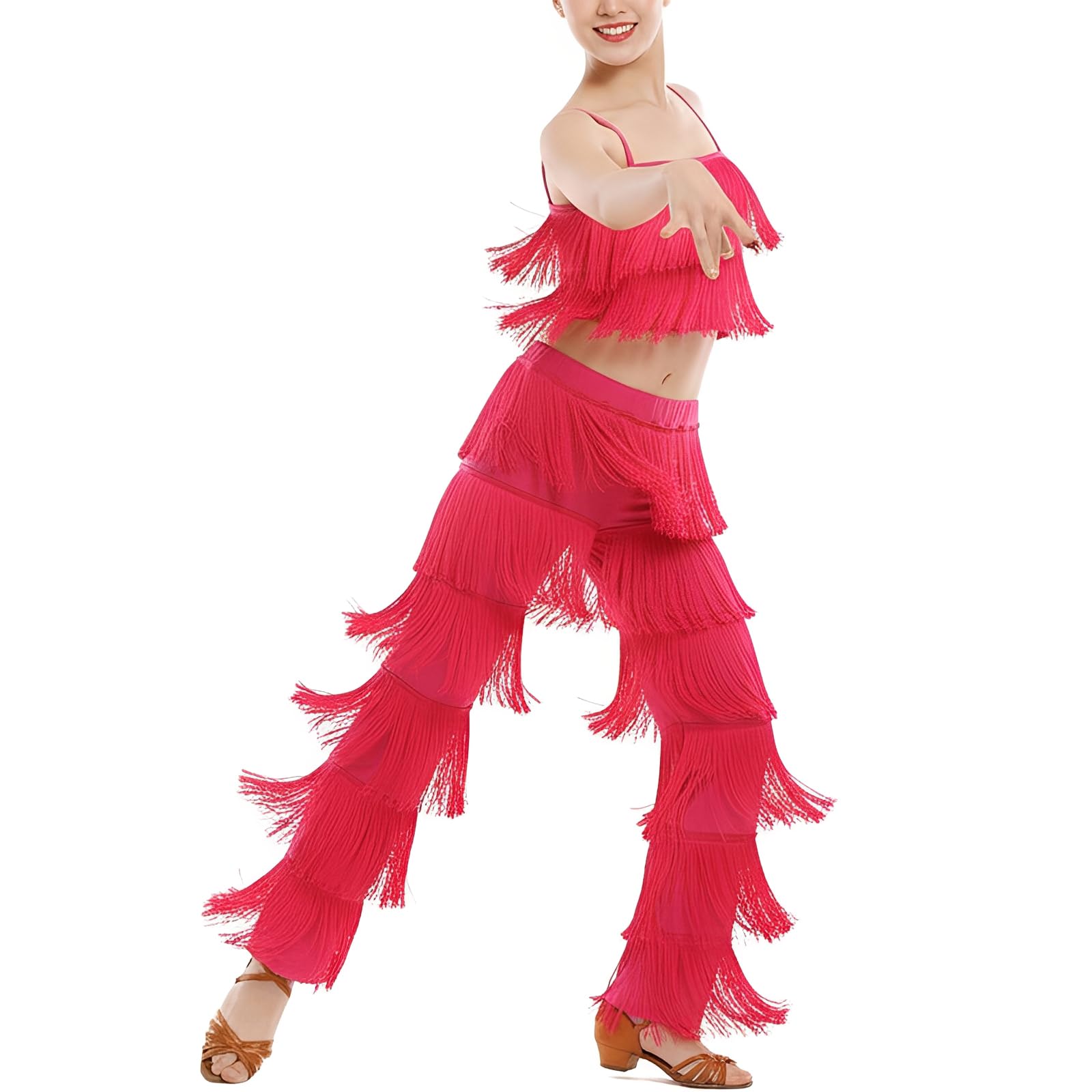 Heitongmaoyi Women's Pink Latin Tassel Dance Top And Trousers 2 Piece Sets For Ballroom Rumba Tango Salsa( M)